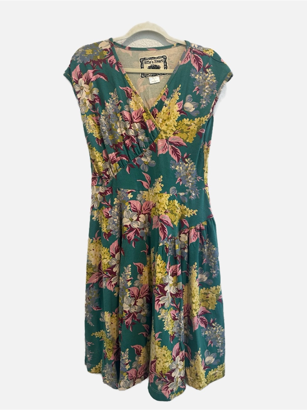 Effie's Heart Teal Floral Faux Wrap Dress with Pink and Yellow Accents